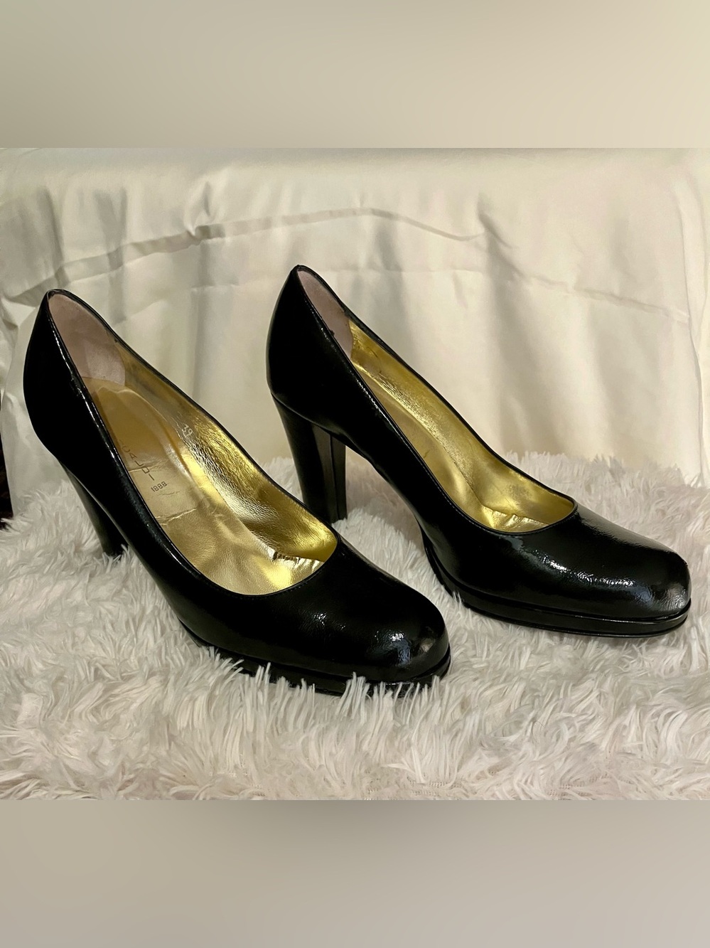 Black Patent High Heel Pumps with Gold Lining